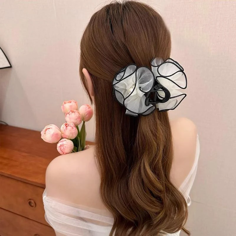 Fashion Large Mesh Flower Pearl Hair Claw For Women Girls Temperament Elegant Shark Clip Advanced Sense Hair Accessories Gifts