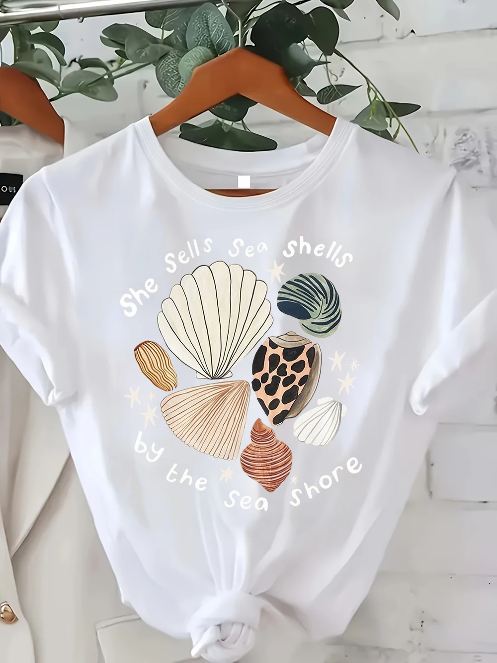 Women Casual White T-Shirt She Sells Sea Shells By The Sea Shore Print Soft Cotton Short Sleeve Crew Neck Summer Daily Wear Tee