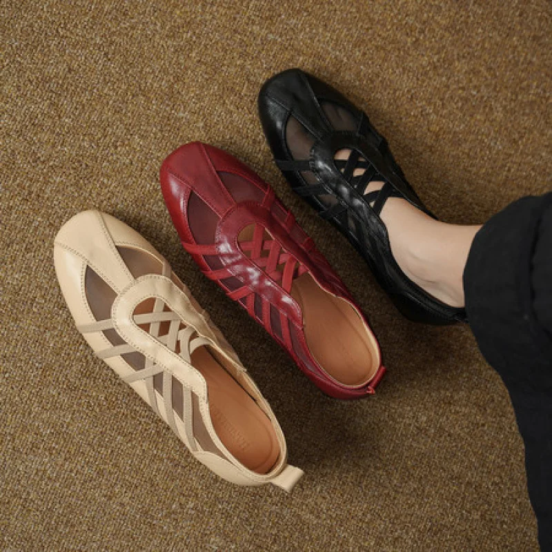 2026 New Arrival Women Shoes Mesh Genuine Leather Loafers Hidden Heel Soft Sole Lace Up Daily Casual Shoes  G212