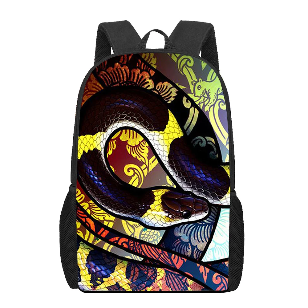 Bolsa escolar com estampa animal para adolescente, pintura artística, cobra, meninos, mochila infantil, sacolas de livros para estudantes, mochila casual diária