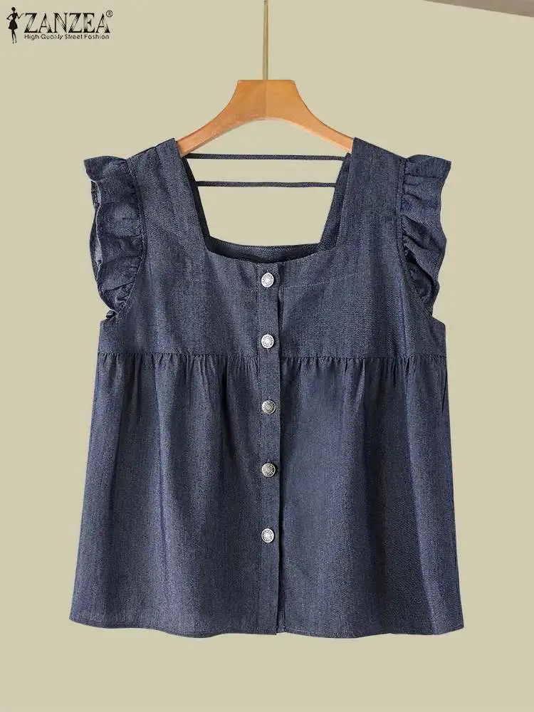 ZANZEA Women Sleeveless Denim Tank Tops 2024 Summer Ruffle Vest Casual Loose Pleated Blouse Korean Fashion Single Breast Camis