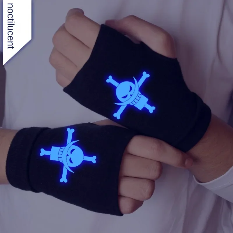 One Piece Pirate Skull Logo Cotton Noctilucent Gloves Edward Newgate Anime Mittens Knitted Fingerless Glove Winter Warm Kid Gift