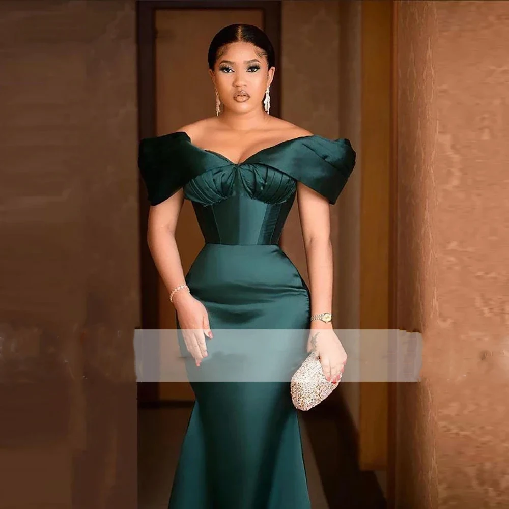 Off Shoulder Dark Green Evening Dresses Satin Mermaid Ruffled Long Robe Femme African Plus Size Pleated Formal Party Prom Gowns