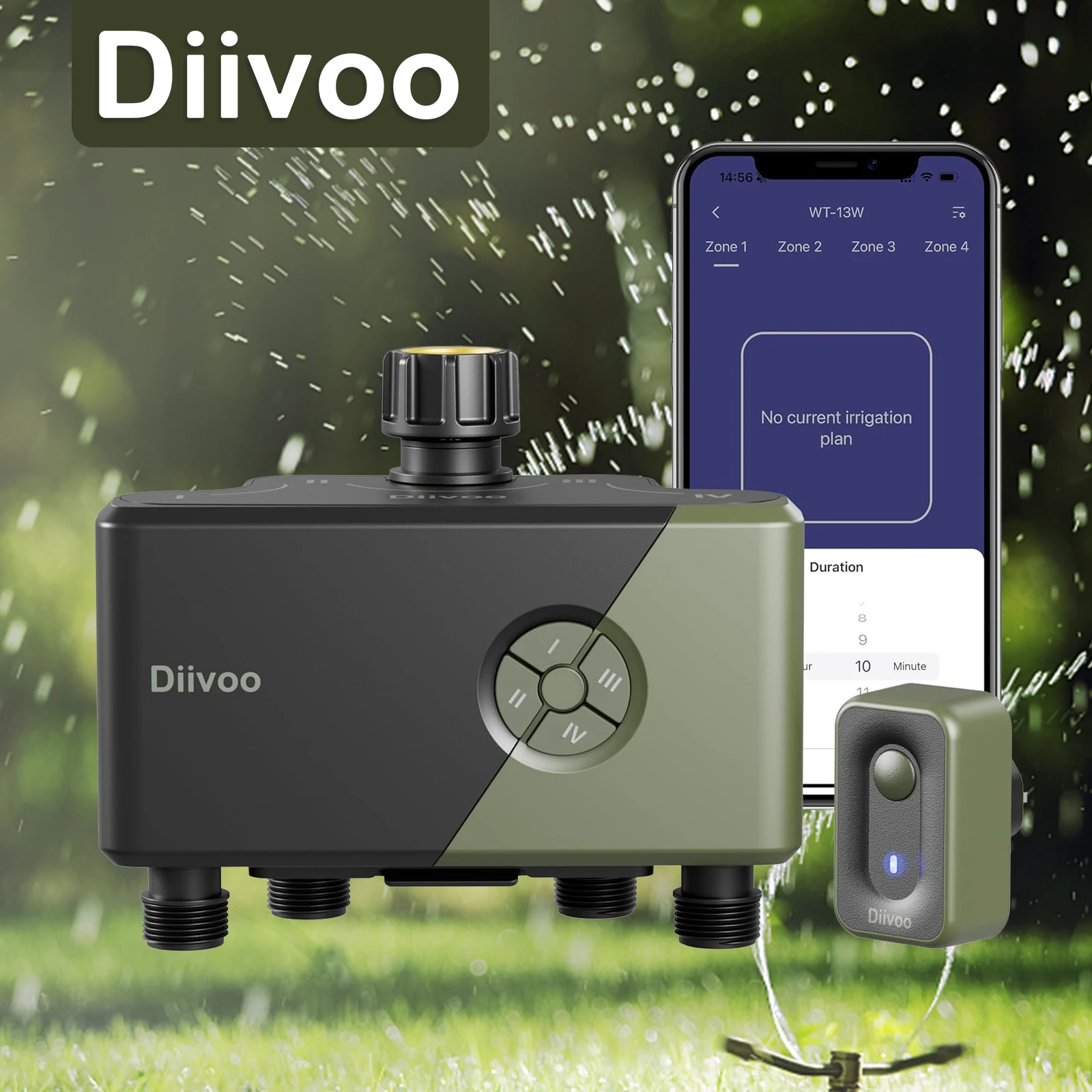 

Таймер полива Diivoo Garden WiFi на 3/4 зоны, автоматический контроллер системы орошения с функцией отсрочки полива при дожде и ручным управлением