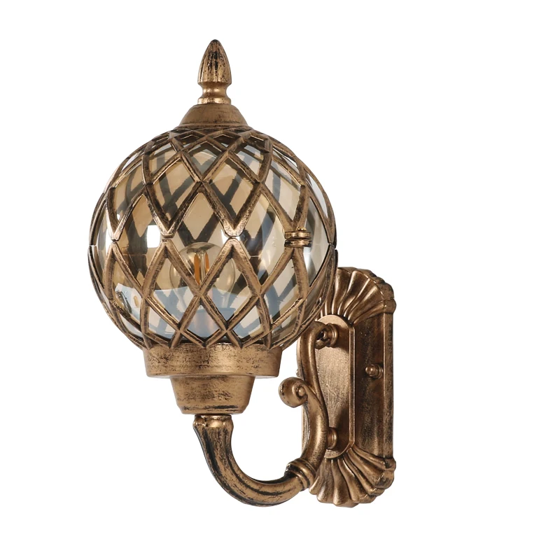 

Уличный водонепроницаемый настенный светильник в европейском стиле, янтарное стекло, ретро-декор, светодиодный, бронзовый, железный, цоколь E27