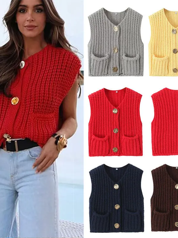 

Женский вязаный жилет Faionable European Sle Вязаный свитер Жилет с кетми Весенний сезон Обычный тонкий