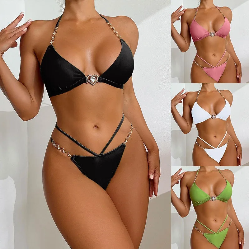 

Luxury Rhinestone Bikini Women Black Bronzing Metal Chain Strap Push Up Micro Swimsuit 2024 Sexy Bathing Suit Thong Swimwear