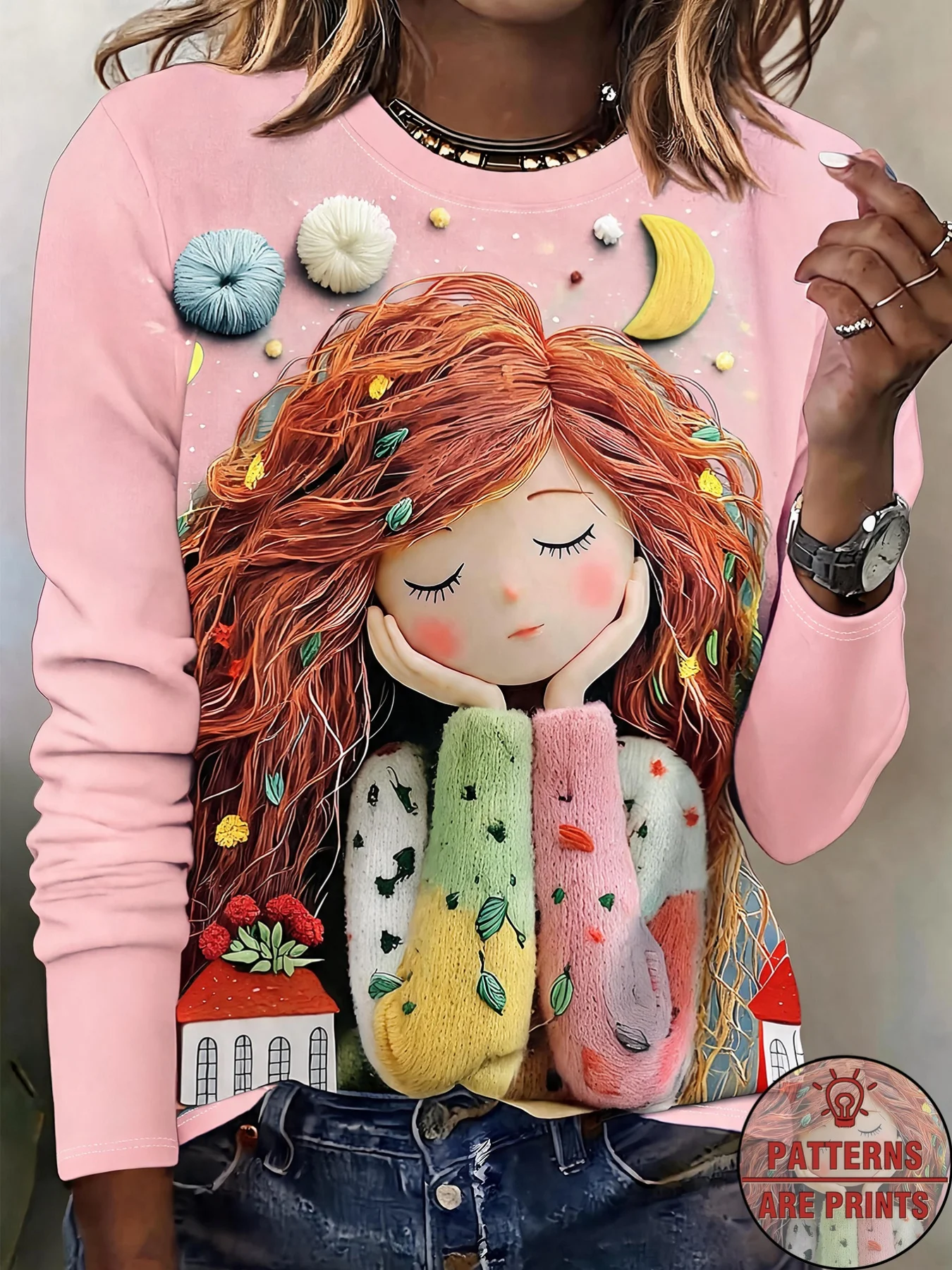 Women Long Sleeve Top Cute Doll Girl Moon Art Print Crew Neck Autumn Festival Gift Casual Daily Wear Women's Clothes
