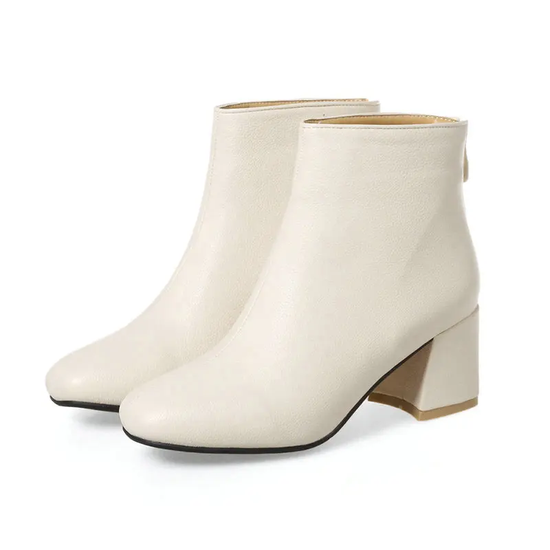 Extra Plus Size 51 52 53 54 Soft PU Leather White Black Round Toe Square Chunky Heels Ankle Chelsea Bootie Back Zipper Boots