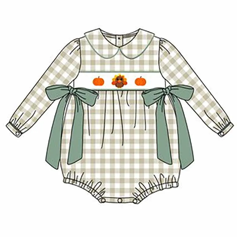 Baby Cotton Long Sleeve T-shirt Set Round Neck Turkey And Pumpkin Embroidery Boy Top Clothes And Green Suit Romper With Bow