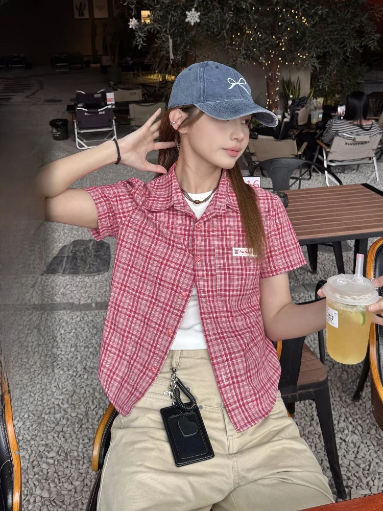 

XFX American Sle Retro Loose Plaid Open Cardigan ort Sve Women's Summer Casual Cleanfit Top Trendy Collar irt