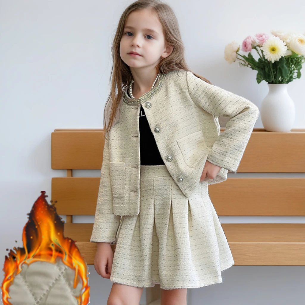 

Шикарный твидовый костюм для девочек, модная короткая куртка, юбка, комплект из 2 предметов, наряд принцессы для детей, элегантные зимние детские костюмы на день рождения