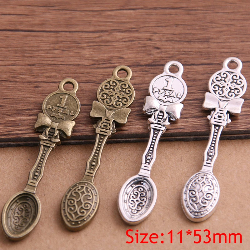 8PCS 11*53mm Two Colors Trendy Bowknot Vintage Spoon Tableware Pendants Charms For Jewelry Making Charm