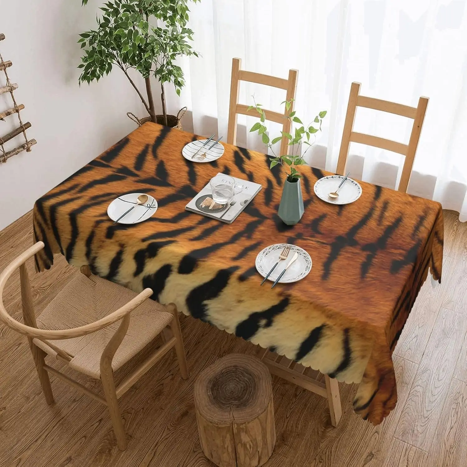 Vibrant Wildlife Tiger Print Tablecloth Bold Brown Black Animal Skin Table Cover for Kitchen Dining Room Party Decoration