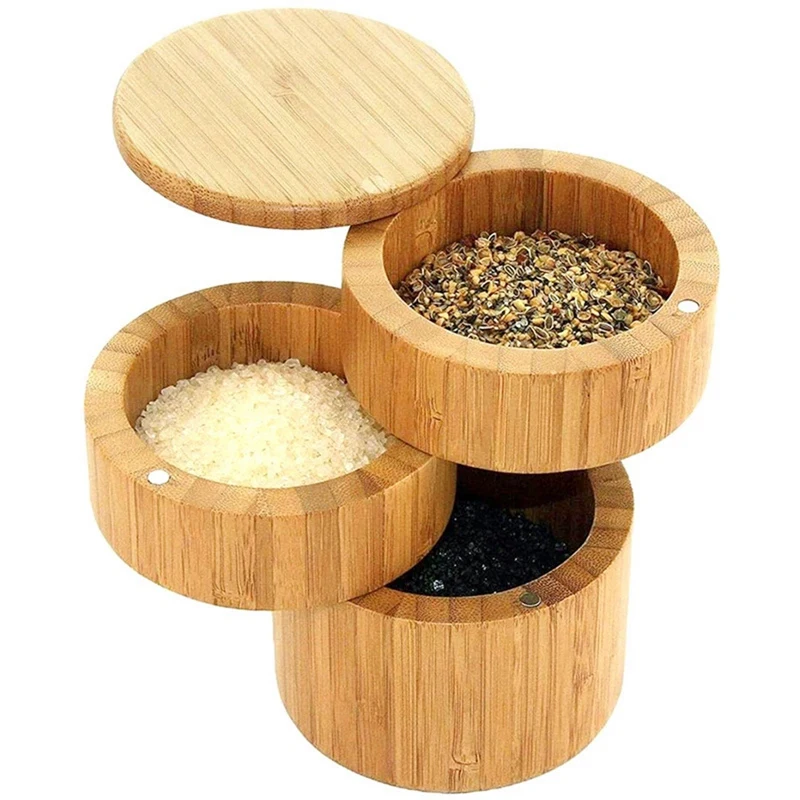 3 Tiers Bamboo Salt Box,Bamboo Spice Box with Magnetic Swivel Lid for Salt,Spices,Seasoning,Pepper Holder Box with Cover