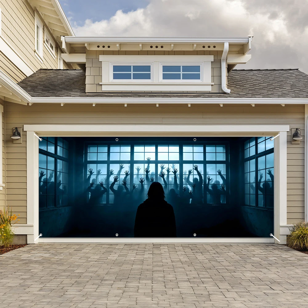 Halloween Garage Door Background Outside Window Scary Ghost Claw Zombie Garage Wall Frame For Home Outdoor Courtyard Decoration