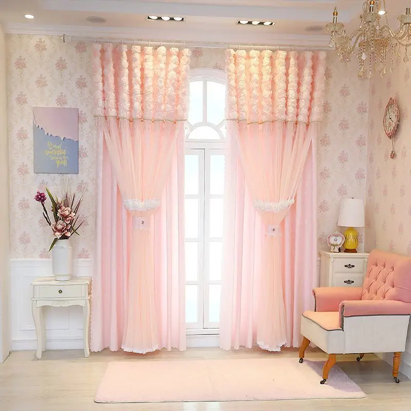 Sweet Lace Double Layer Bedroom Curtain Princess Sheer + Blackout Drapes, Romantic Pink Tulle, Cute Girly Decor for Bedroom