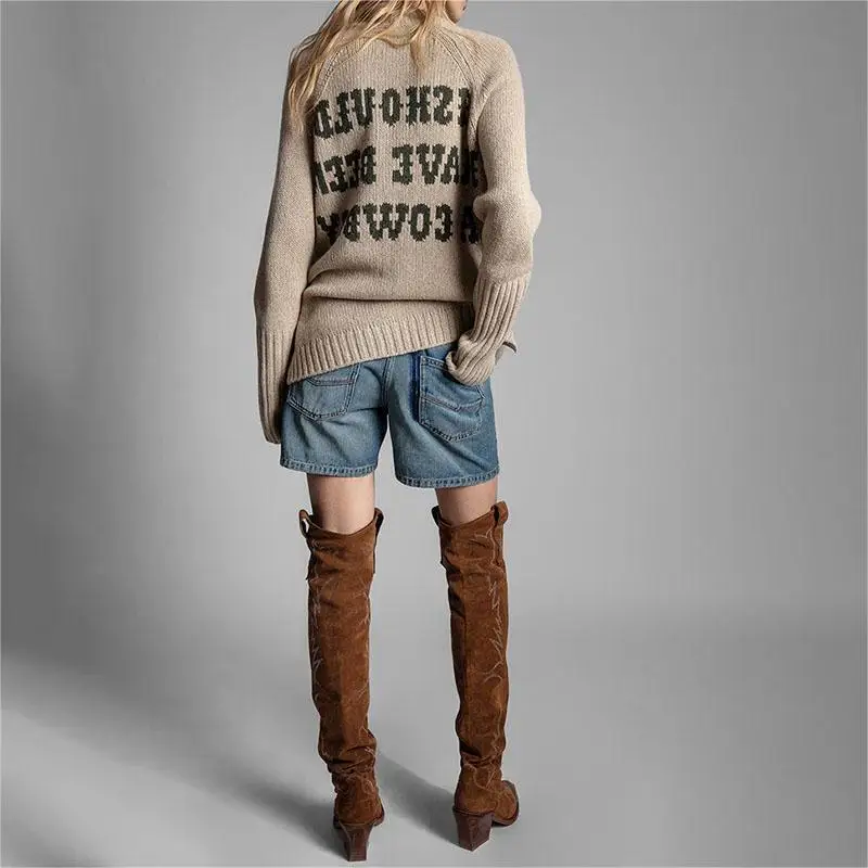 Zadig Women Wool Sweater Chic V-Neck Long Sleeve Casual Khaki Knitwear Sweaters Female New Fashion Letter Winter Warm Jumpers