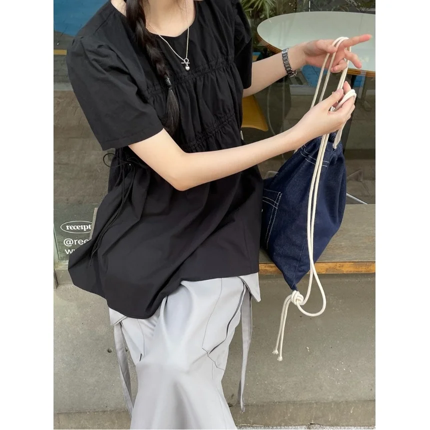 

Fashionable White round Neck Shirt Heavy Drawstring Korean Style Doll Top Skin-friendly Breathable Short Sleeve Women's Shirt