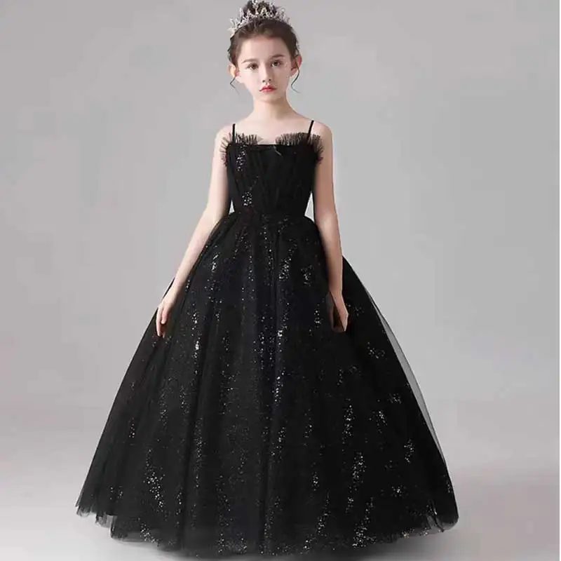 Little Girls Tutu Princess Dress Teen Girls Long Spaghetti Strap Glitter Prom Dresses Children Formal Solid Party Gown 3-14Years