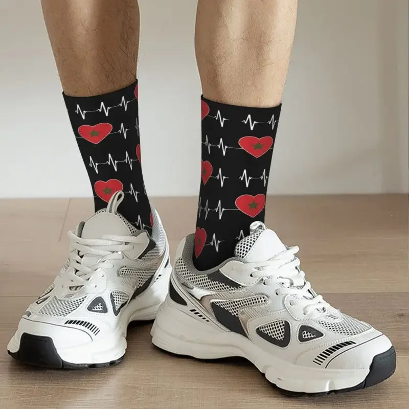 Impresso Heartbeat Marrocos Country Flag Socks para homens e mulheres, Stretchy Crew Socks, coração marroquino, família, verão, outono, inverno, novidade, Y2K