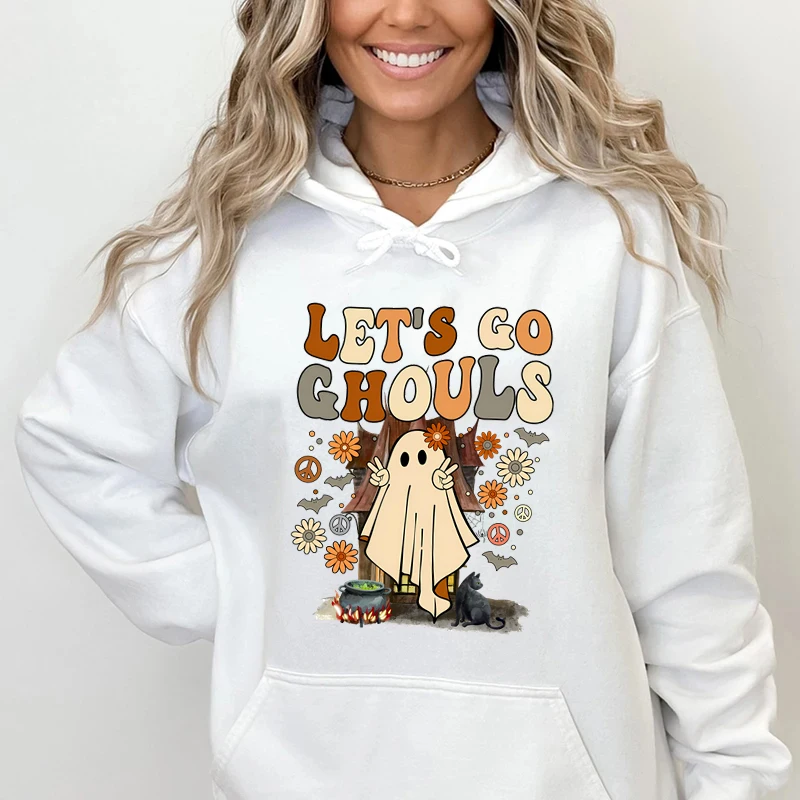 Let's Go Ghouls Printed Vintage Hoodies Women Halloween Sweatshirts Funny Long Sleeve Pullover Casual Tracksuit Women's Clothes