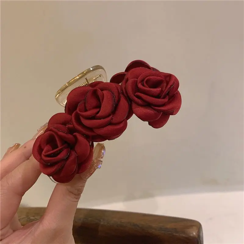 Lystrfac Pink Camellia Hair Claws for Women Girls Hairpin Super Fairy Sweet Girls Fabric Rose Hair Clips Hair Accessories