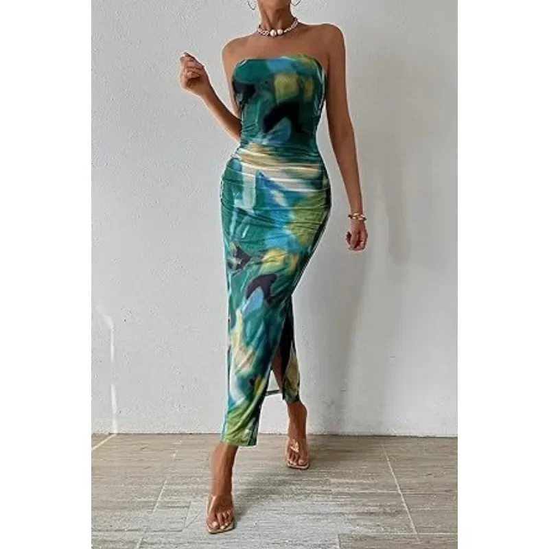 Summer Women Sexy Chestless Hem Slit Sleeveless Printed Dress