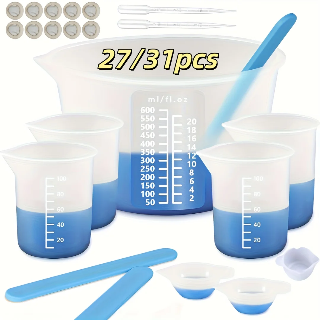 Kit de mélange de résine époxy portable avec 27/31 gobelets de mélange de résine, gobelets doseurs en silicone de 600 ml ou 250 ml, doigtiers et accessoires en silicone