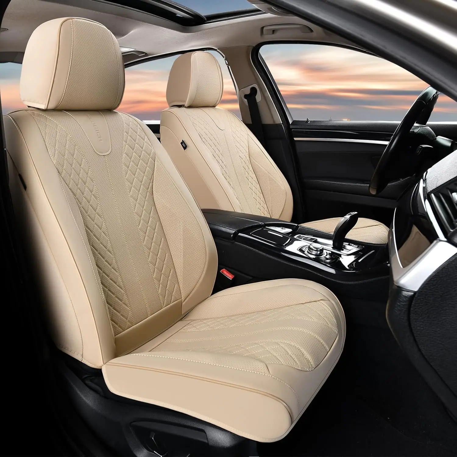 

Universal Leather Car Seat Covers, Waterproof Luxury Design for Most Cars SUVs Trucks, Beige