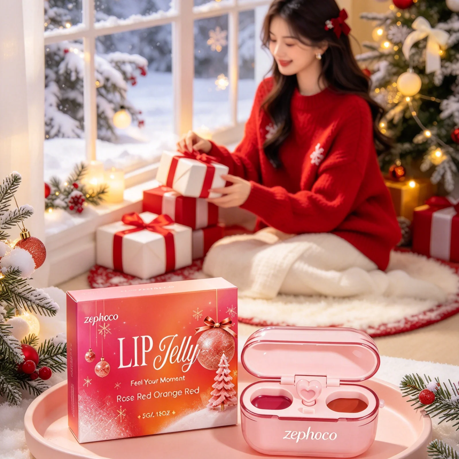 Zephoco Christmas Dual Color Lip Jelly Smoothing Fine Lines Improve Drying Skin Nourishing Long Lasting Moisturizing Lip Gloss