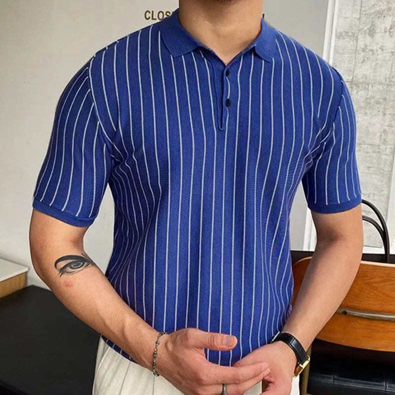 LIBIELIY Europe And The United States Men's Summer New Light Luxury Striped Sweater Slim Short Sleeve Lapel Leisure Business Pol