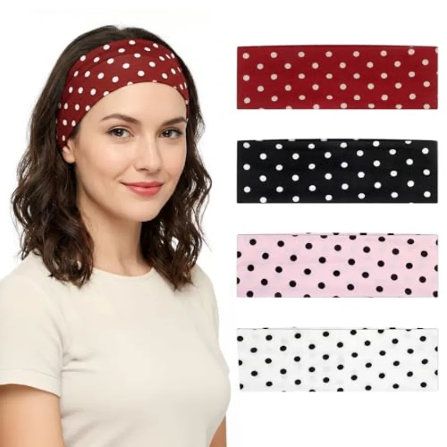 

4 Pack Polka Dot Headband, Non Slip Wide Elastic Headbands Soft Fabric Hair Accessories for Women Yoga Workout and Daily Fashio