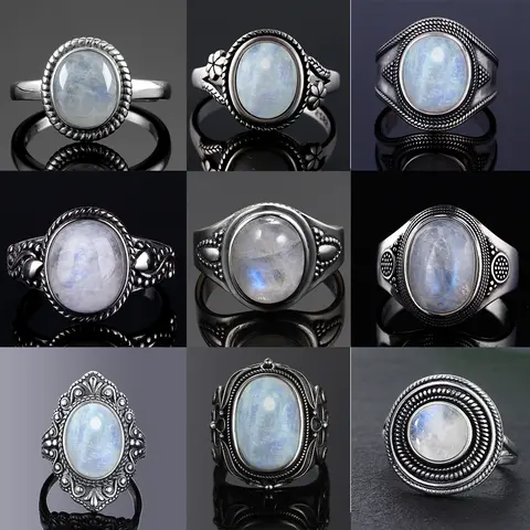 Original Natural Moonstone S925 Silver Jewelry Rings Handmade Vintage Indian Jewelry For Women
