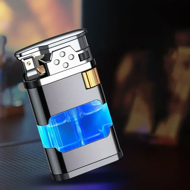 New Transparent Warehouse Flame Gas Lighter Metal Torch Turbo Unusual Creative Windproof Blue Butane Cigar Lighter Men\'s Gadget