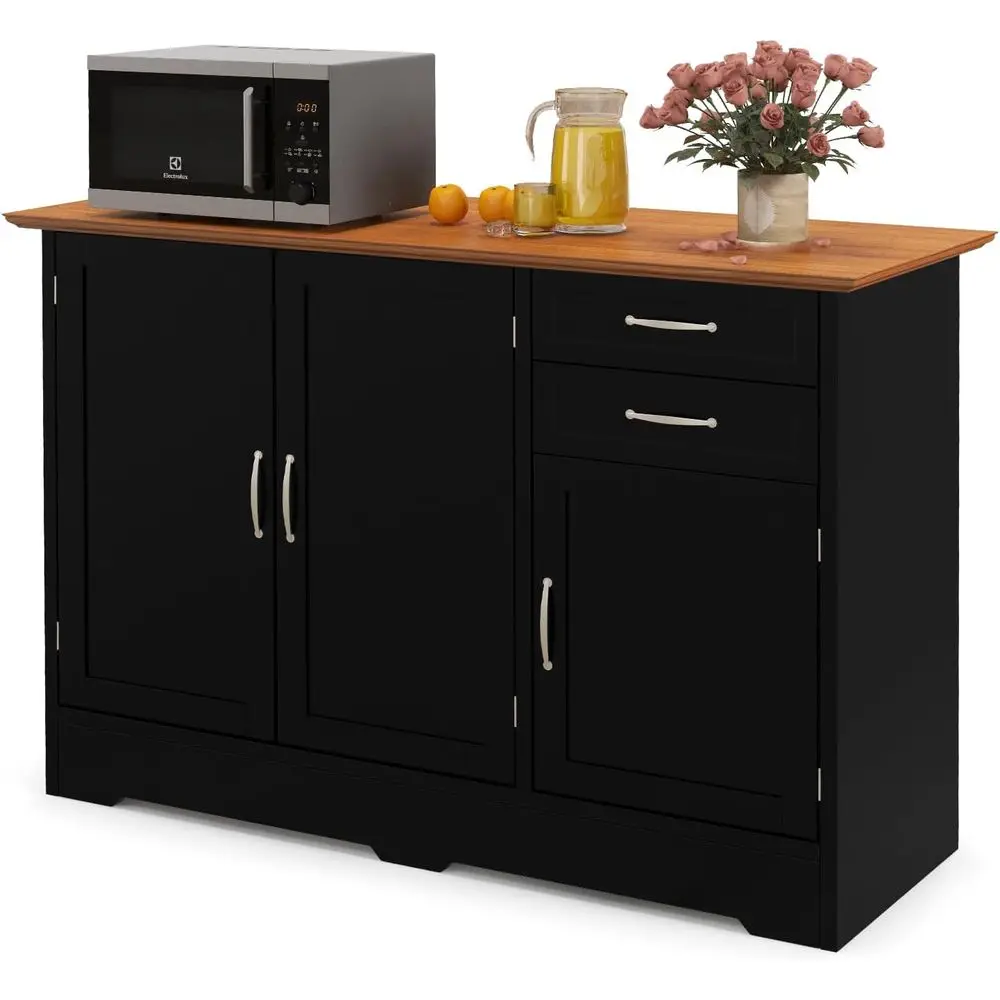 Modern Sideboard Storage Cabinet with 3 Doors, 2 Drawers & Adjustable Shelves for Dining Room (Black)