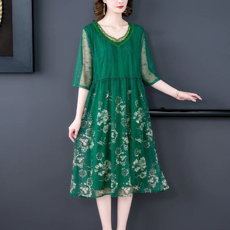 InjPrint-Robe midi en mousseline de soie verte, grande taille, style boho, élégante, pour fête, éducatif, vintage, été, 2024