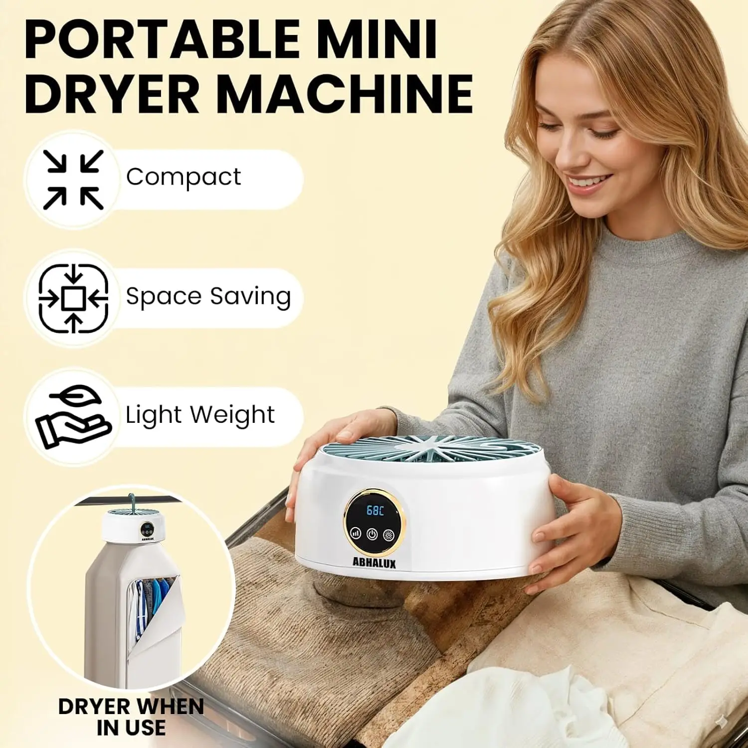 مجفف ملابس صغير محمول، مجفف كهربائي مدمج للشقق والسفر، سريع الجفاف مع مؤقت قابل للتعديل والعناية بالتجاعيد