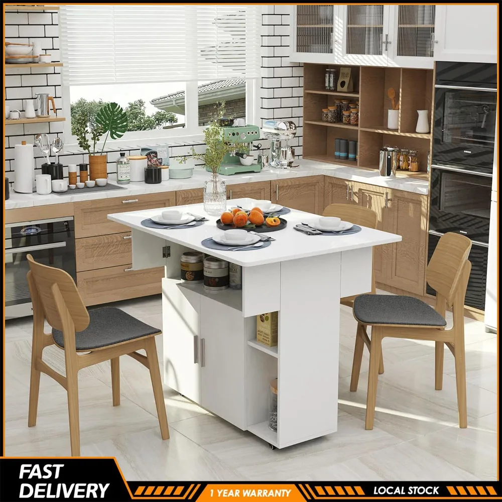 Nouvelle Table à Manger Mobile Pliante 2026 avec Roues, Table à Manger Extensible en Bois Portable avec Armoire à Portes et Étagère Ouverte, Table de Rangement Multifonctionnelle pour la Maison, la Cuisine, le Salon, la Chambre et les Petits Espaces