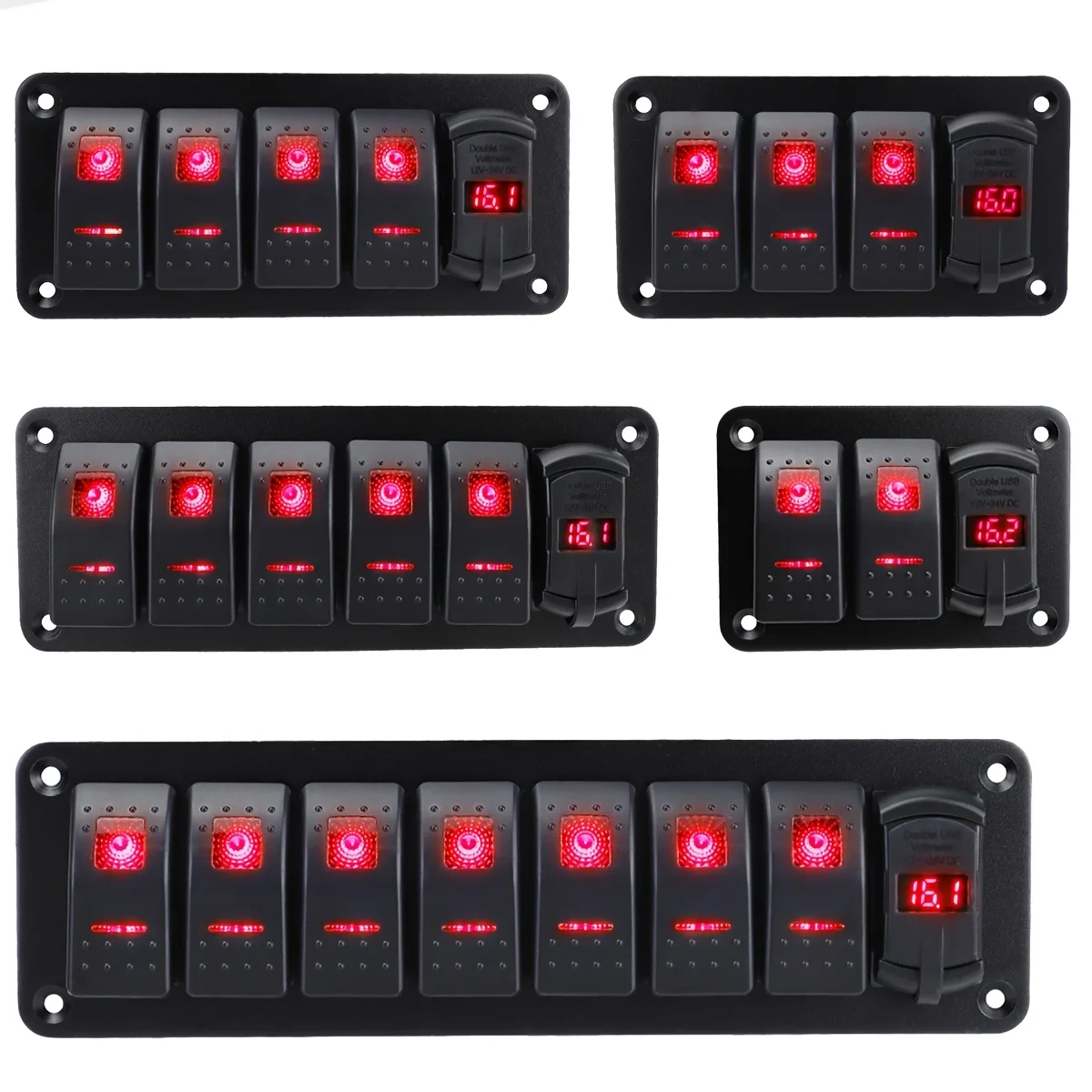Red LED switch aluminum plate with control lever, equipped with voltmeter and dual USB (4.2A), suitable for ships, cars,etc.