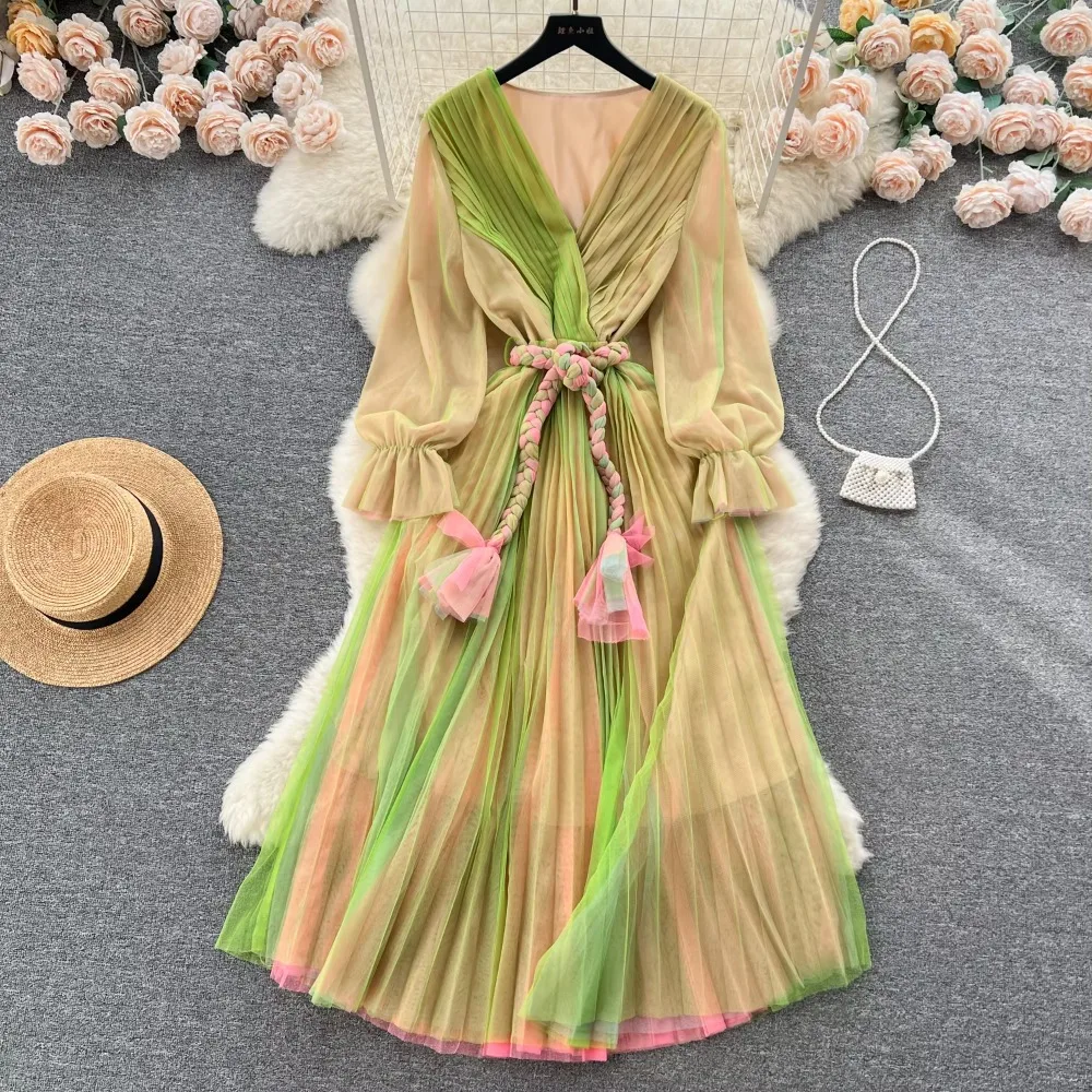 Retro Elegant Pleated Mesh V Neck Chiffon Dress A-line Long Sleeve French High Street Casual High Waist Dress Women Summer Dress