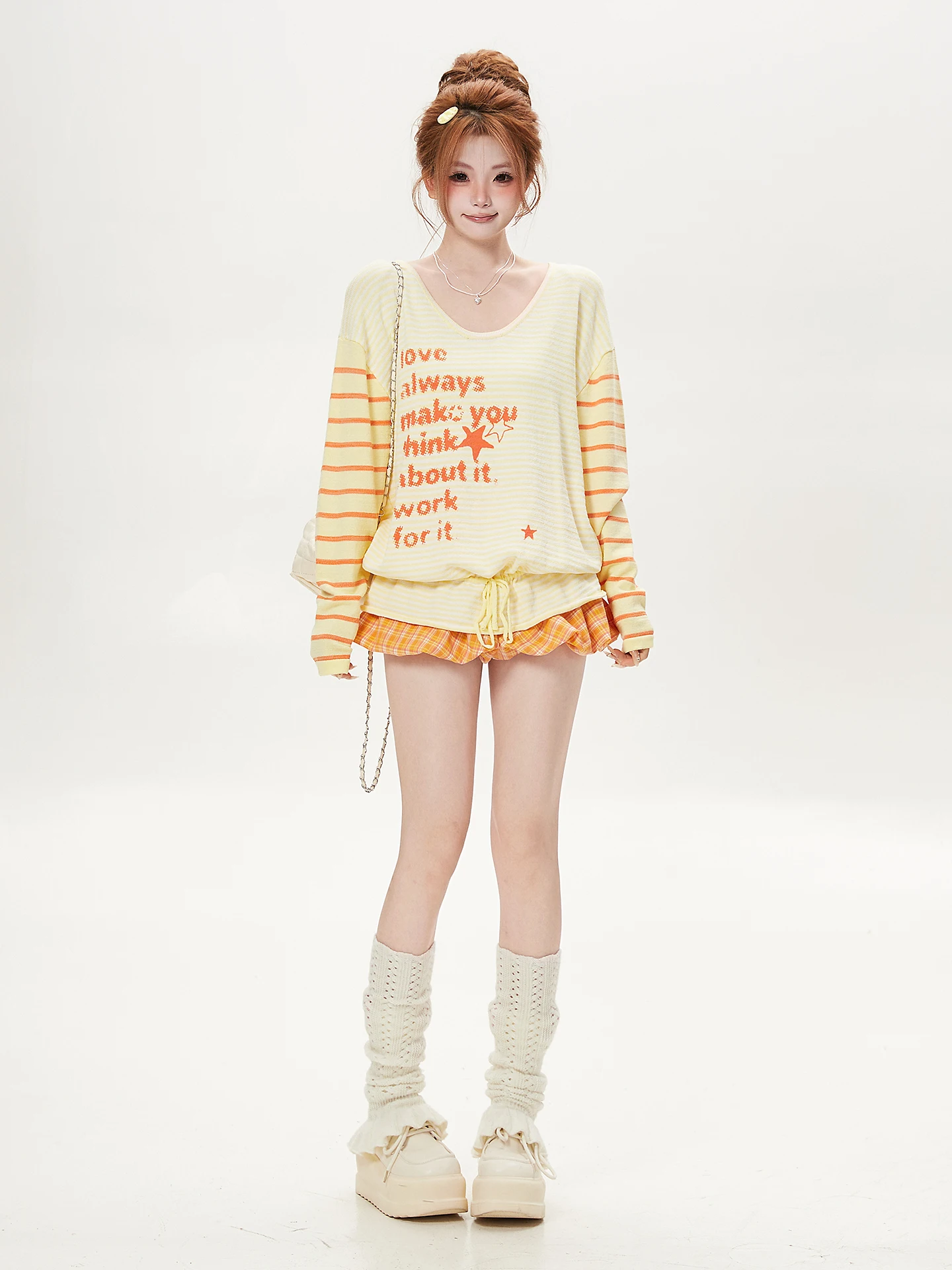 Loose Women's Knitted Sweater Stripe Pattern Color Block Waist-Cinching Design Casual Style Long Sleeve round Neck Top