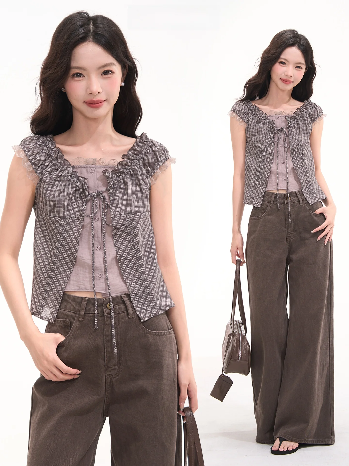 

Summer Sweet Dream Korean Style Plaid Shirt Women's Fashion Fake Two-Piece Cotton Short Sleeve Top Floral Field Window Heme