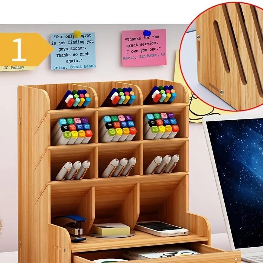 1 buah Organizer meja kayu multifungsi DIY, kotak penyimpanan pemegang pena Desktop rak penyimpanan alat tulis untuk rumah kantor dan Sekolah