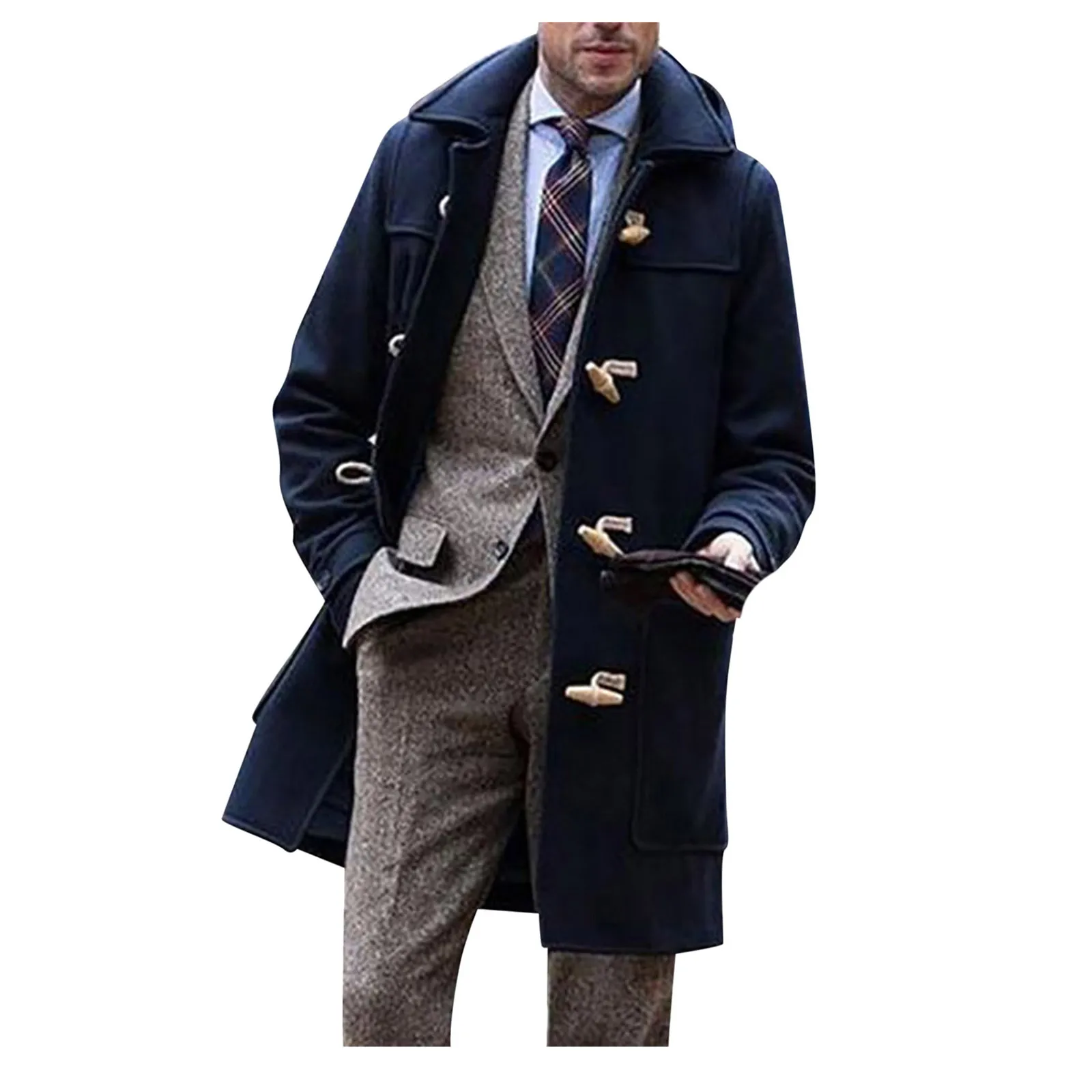 Men Windbreaker Coats Horn Button Solid Color Lapel Slim Mid-length Overcoat 2024 Autumn Winter New Warm Trench Jackets For Men