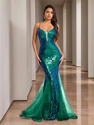 Romagic Deep V Neck Sleeveless White Wedding Party Dress Luxury Spaghetti Strap Sequined Evening Gown Women Maxi Dresses 2025