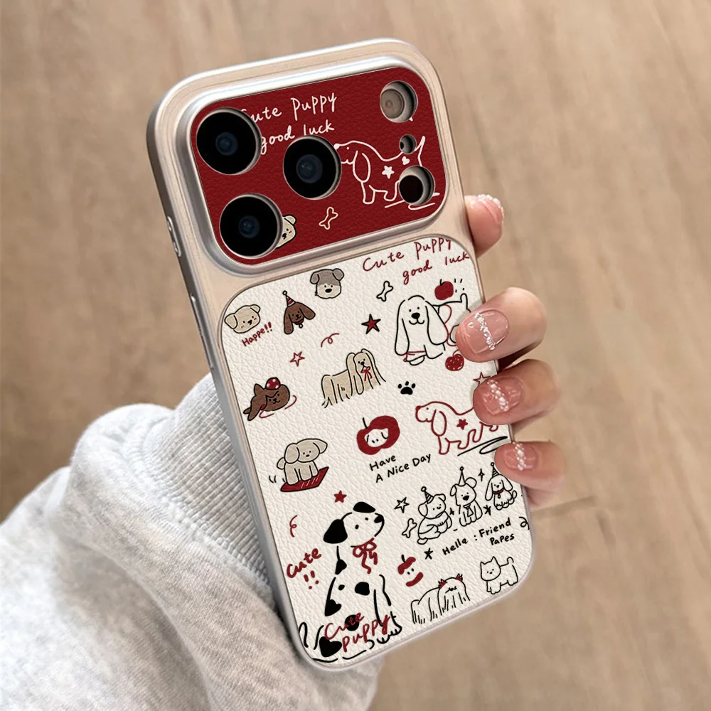 Cute Dog Puppy Soft Silicone Leather Phone Case For iPhone 16 17 15 12 13 11 14 15 Pro Max Cover iPhone 17 Pro Max Lichee Cover