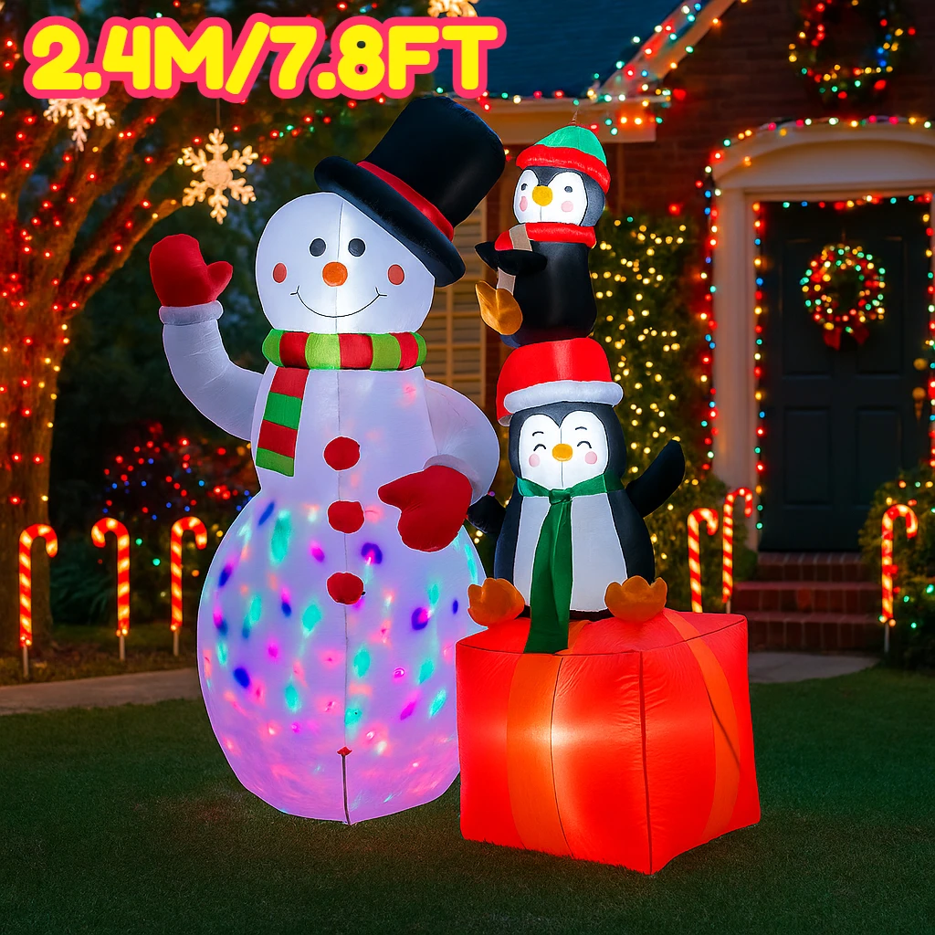 2.4M/7.8FT Christmas Decorations Inflatable Toy Snowman Penguin Stacking Home Yard Ornaments LED Light Christmas Party Decor Toy