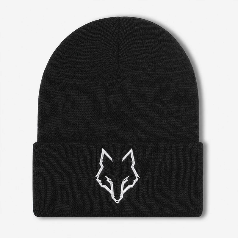 Minimalist Wolf-Head Embroidered Beanie—Soft and Warm Knit Hat for Hiking, Casual Wear, Street Style, and Outdoor Enthusiasts