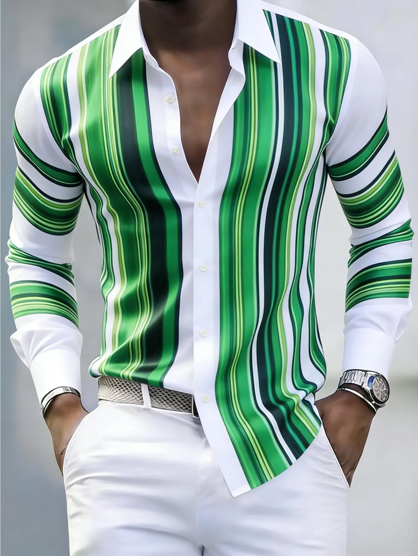 Men's Shirt Green White Vertical Stripe Satin Print Long Sleeve Button Down Top Casual Daily Party Mens Clothing